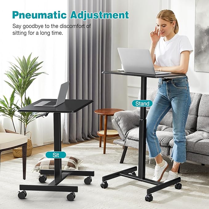 DUMOS Mobile Rolling Desk with Wheels Adjustable Height Small Standing Desks Portable Laptop PC Table Computer Workstation for Home Office Small Space Modern Black