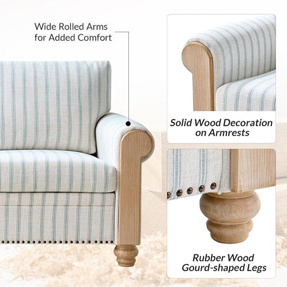 Farmhouse Loveseat with Rolled Arms,Stripe Modern Sofa with Brushed Wood Gourd Feet & Copper Nailhead Trim, Linen Fabric Upholstered Couches for Living Room, Blue
