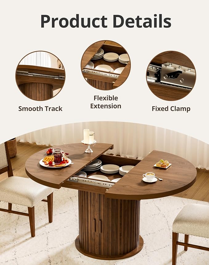 43"-59" Extendable Round Dining Table with Hidden Storage, Modern Wooden Kitchen Table with Fluted Sliding Door Cabinet, Oval Dining Table for Dining Room Living Room, Walnut