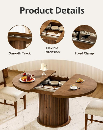 43"-59" Extendable Round Dining Table with Hidden Storage, Modern Wooden Kitchen Table with Fluted Sliding Door Cabinet, Oval Dining Table for Dining Room Living Room, Walnut