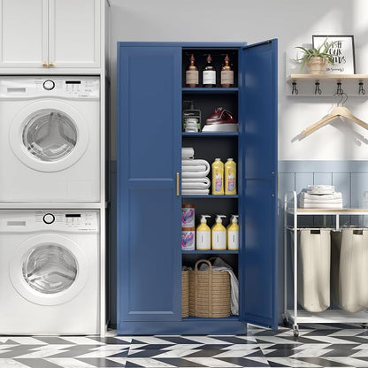 SteeLoong Kitchen Pantry Cabinet,71” Metal Pantry Storage Cabinets with Doors and 4 Adjustable Shelves,Blue Kitchen Cabinet with 2 Gold Handles,Tall Cabinet for Livingroom