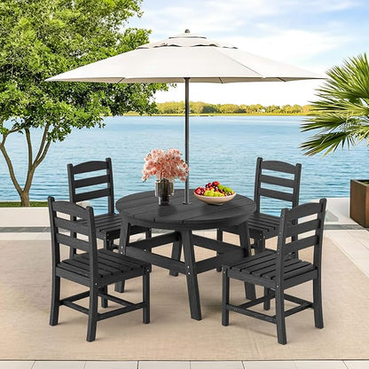 Pamapic 5 PCS Round Outdoor Dining Set, Wood Grain HDPE Outdoor Table and Chairs with 105° Ergonomic Backrest, Durable Patio Dining Table with Umbrella Hole, Black