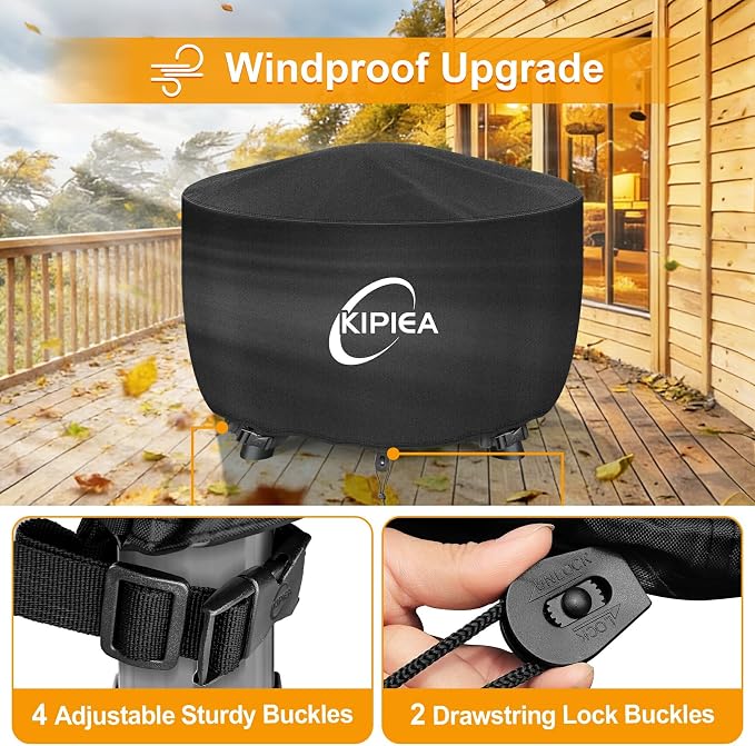 Kipiea Round Fire Pit Cover 100% Waterproof, 36" D x 20" H Outdoor Firepit Cover, Upgraded 600D Strong Tear and UV Resistant, Black