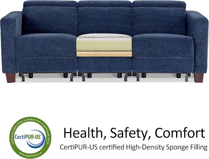MCombo 88.6'' Reclining Sofa, Wall Hugger Power Recliner Sofa with Adjustable Headrest, USB A & C Charge Ports, Wood Legs, for Living Room (Fabric, HL198M3) (Navy Blue, 3-Seater)