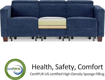 MCombo 88.6'' Reclining Sofa, Wall Hugger Power Recliner Sofa with Adjustable Headrest, USB A & C Charge Ports, Wood Legs, for Living Room (Fabric, HL198M3) (Navy Blue, 3-Seater)