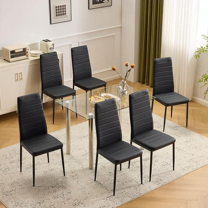 Karl home Dining Chairs Set of 6, PU Leather & High Back, Black | Black kitchen chairs with padded seats & foot cap protection for dining kitchen living room,300lbs capacity,space-saving