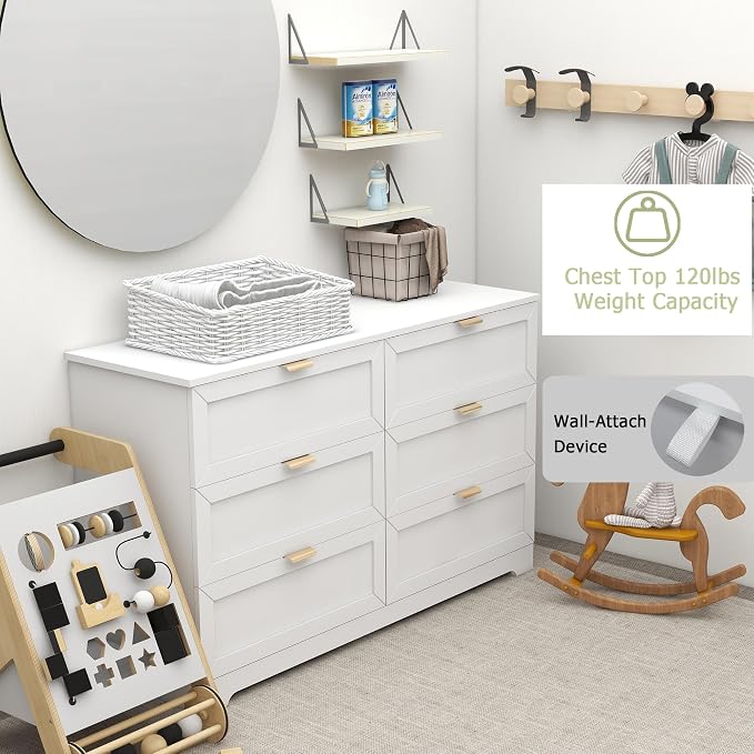 6 Drawer Dresser for Bedroom, Modern Long Chest with Large Drawer, Wooden Chest of Dresser Storage Cabinet Organizer Unit for Living Room, Cloakroom, Entryway, Hallyway (White)