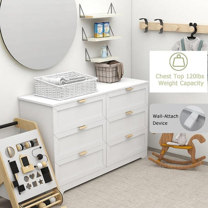 6 Drawer Dresser for Bedroom, Modern Long Chest with Large Drawer, Wooden Chest of Dresser Storage Cabinet Organizer Unit for Living Room, Cloakroom, Entryway, Hallyway (White)
