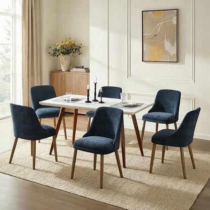 Upholstered Dining Chairs Set of 6, Fabric Dining Room Chairs with Curved Backrest, Solid Wood Legs, Modern Kitchen Chairs for Dining Room Living Room, Navy
