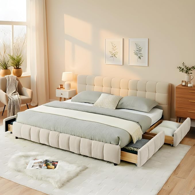 KEIKI Queen Thick Chenille Bed Frame with 4 Storage Drawer & Upholstered Tufted Headboard, Modern Solid Wood Floor Platform for Bedroom, No Box Spring Needed