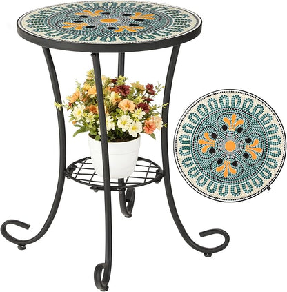 Side Table Outdoor, Mosaic Patio Table with Planter Stand, 22" H Iron Coffee End Table, Weather-Resistant Tile Top Metal Drink Bar Table for Indoor Garden Balcony Yard Bistro