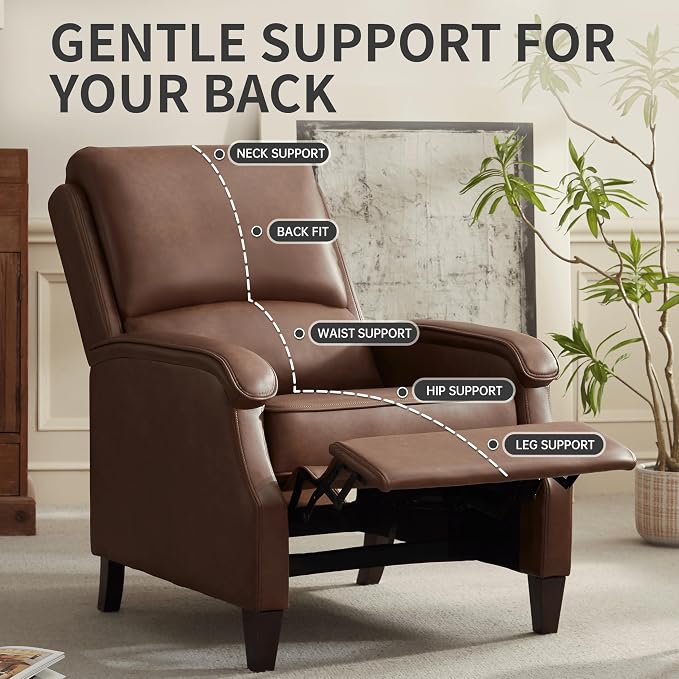 VKNOW Recliner Chair, Faux Leather Recliner with Armrest, Home Theater Seating with Adjustable Push Back and Lumbar Support, Single Sofa for Adults, Lounge Chair for Living Room, Bedroom(Red Brown)