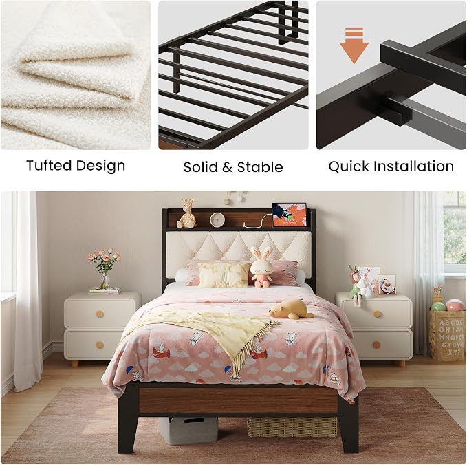 ANCTOR Twin XL Bed Frame, Storage Headboard with Charging Station, Platform Bed Frame with Strong Metal Support, Sturdy and Stable, Noise Free, No Box Spring Needed, Easy Assembly, Walnut
