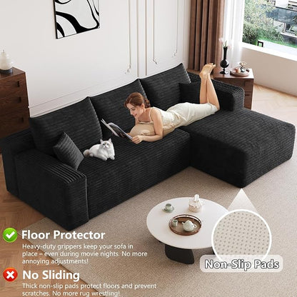 95" Modular Sectional Sofa, Modern Corduroy Cloud Couch with Side Pockets, Boneless Couch Upholstered 3-Seater L-Shaped Sofa for Living Room, No Assembly Required (Black,Right-Facing Chaise)
