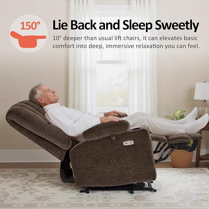 MCombo Large Power Lift Recliner Chair for Elderly, Lift Chair with Heat and Massage, 3 Positions, USB Charge Ports, Cup Holders, Fabric 7099 (Large, Coffee)