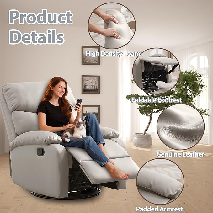 Genuine Leather Rocker Recliner Modern Manual Swivel Glider Recliner with Adjustable Backrest & Footrest Wall Hugger Swivel Rocking Recliner Chair for Modern Living Room and RV Beige
