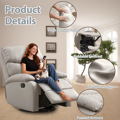 Genuine Leather Rocker Recliner Modern Manual Swivel Glider Recliner with Adjustable Backrest & Footrest Wall Hugger Swivel Rocking Recliner Chair for Modern Living Room and RV Beige