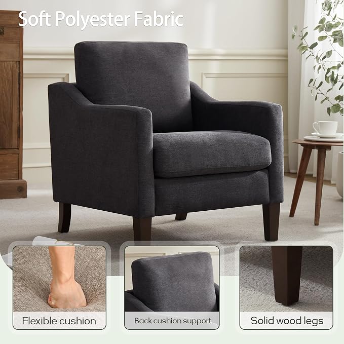 VKNOW Mid-Century Accent Chair, No Tools Assembly Required, Modern Upholstered Polyester Armchair for Living Room,Comfy Reading Accent Chairs with Wood Legs for Bedroom, Dark Grey