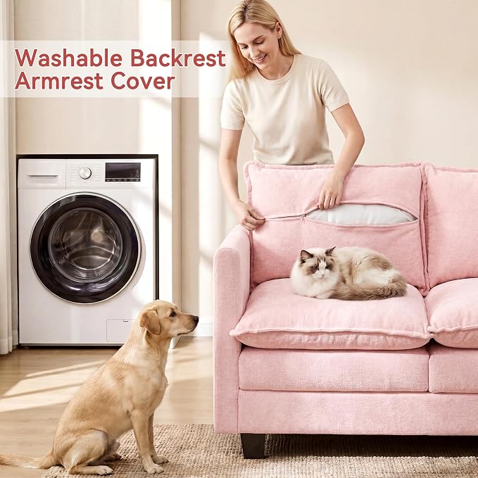 Loveseat Sofa Couch, Small Mini Compact 50" Love Seat 27" Deep Cloud Sofa Seat Washable Chenille Pillow for Apartment Bedroom Dorm Attic Studio Office Living Room Small Space 8833-PINK