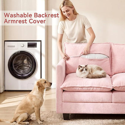 L-Shape Loveseat Sofa Couch with Ottoman, Small 50" Love Seat 27" Deep Cloud Sofa Washable Chenille Pillow for Apartment Bedroom Dorm Attic Studio Office Living Room Small Space 8833-PINK-L