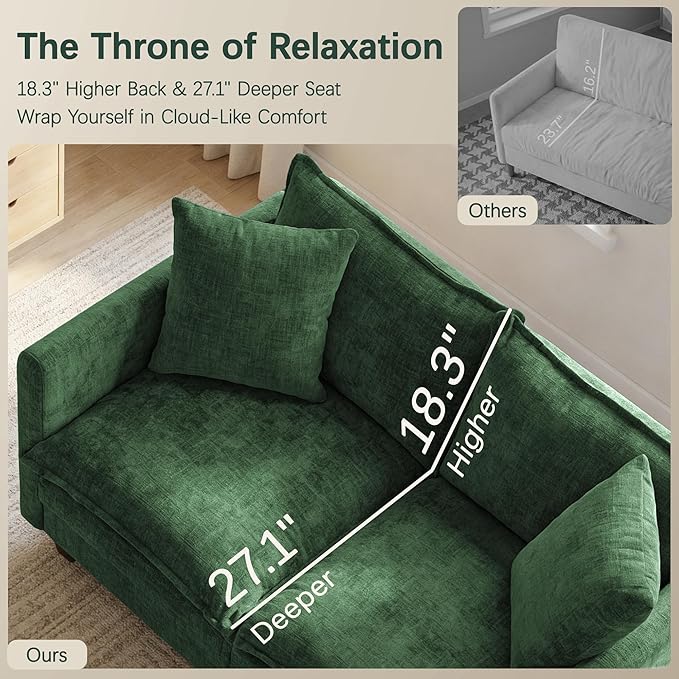 52" Loveseat Sofa, L-Shaped Cloud Couch with Ottoman, Comfy Chenille Love Seat with 2 Pillows, Small Loveseat for Small Spaces, Living Room, Bedroom,Apartment and Office, Green