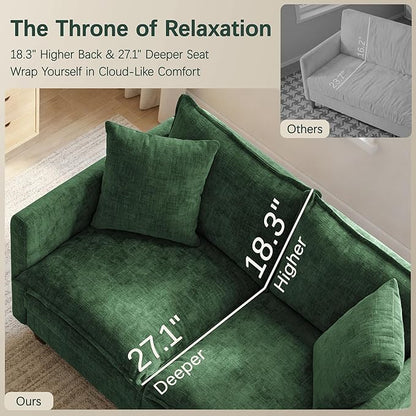 52" Loveseat Sofa, L-Shaped Cloud Couch with Ottoman, Comfy Chenille Love Seat with 2 Pillows, Small Loveseat for Small Spaces, Living Room, Bedroom,Apartment and Office, Green