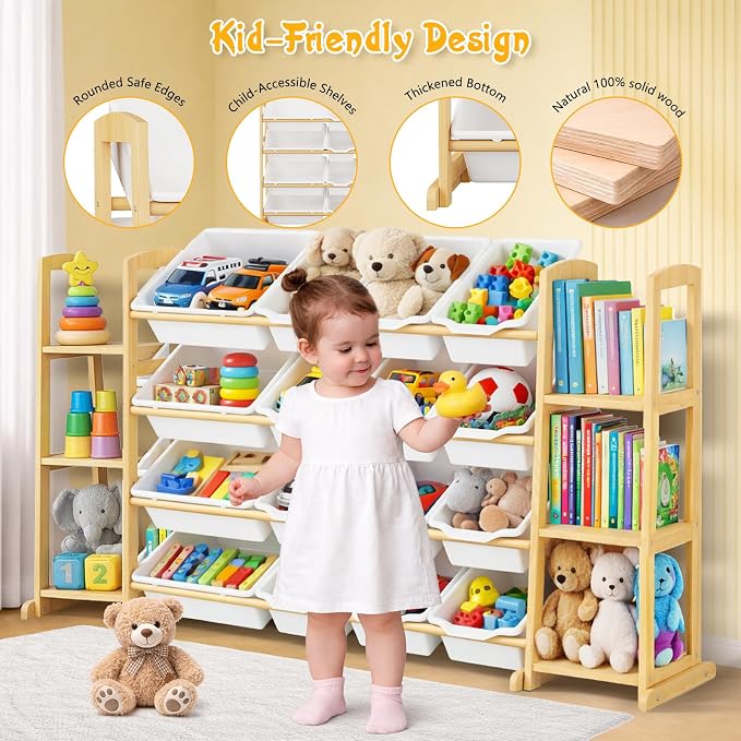 Kids Toy Storage Organizer with Bookshelf – Wooden Shelf with 16 Bins & 6 Shelves, Quick Assembly Storage Rack for Playroom, Bedroom, Nursery - White