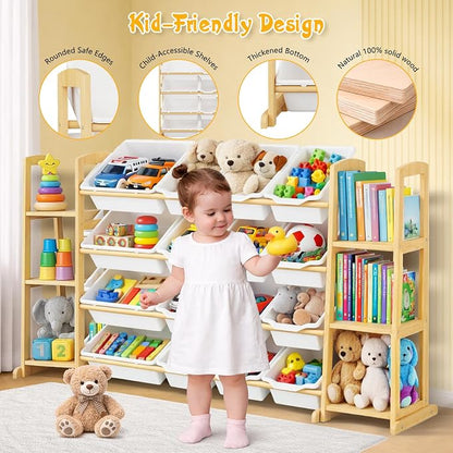 Kids Toy Storage Organizer with Bookshelf – Wooden Shelf with 16 Bins & 6 Shelves, Quick Assembly Storage Rack for Playroom, Bedroom, Nursery - White
