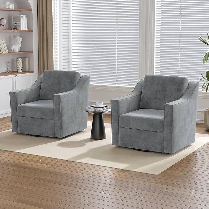 Swivel Accent Chair Set of 2, Comfy Chenille Swivel Chair with Deep Seat, Upholstered Armchair with 360 Degree Rotation Base, Single Sofa Reading Chair for Living Room Bedroom, Gray