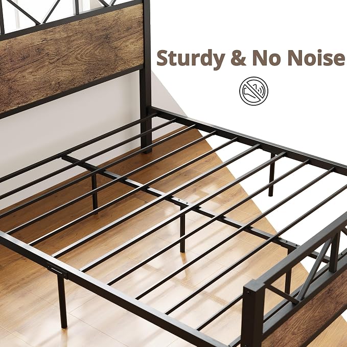 LIKIMIO Queen Bed Frame, Tall Industrial Headboard 51.2 ", Platform Bed Frame with Strong Metal Support, Solid and Stable, Noise Free, No Box Spring Needed, Easy Assembly, Rustic Maple