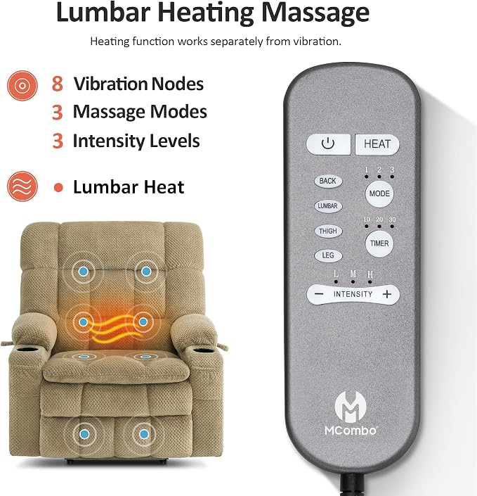 MCombo Extra Wide Dual Motor Power Lift Recliner Chair for Elderly, Zero Gravity Lift Chair with Heat and Massage, Infinite Position Recliners for Big Man, USB Ports, Fabric R7897 (Medium-Wide, Beige)