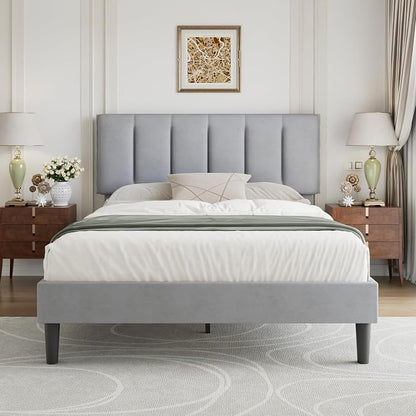 VECELO Queen Size Bed Frame with Upholstered Headboard, Heavy-Duty Bedframe with Strong Wooden Slats Support, No Boxing Spring Needed, Light Grey