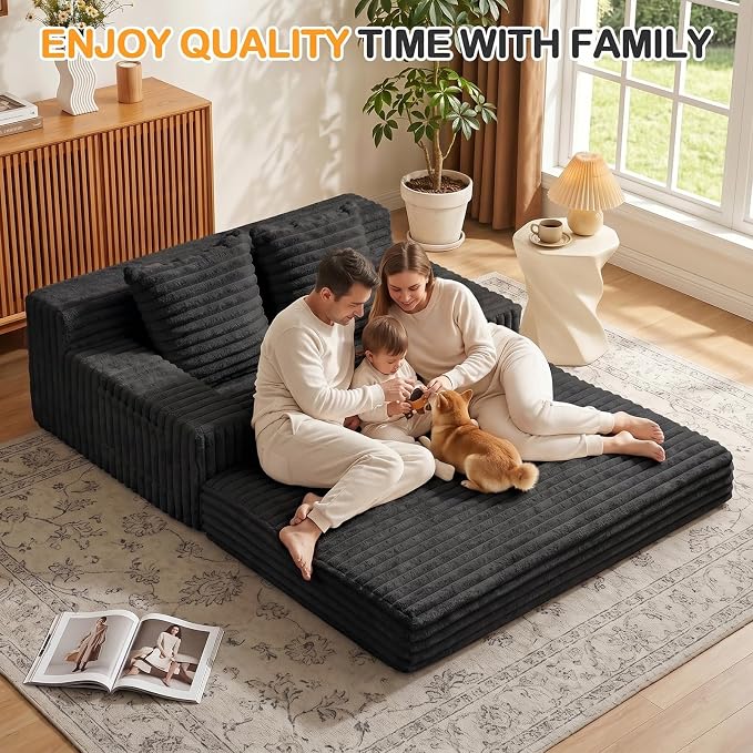 Erament Boneless Loveseat Convertible Sofa Bed, Folding Floor Futon Sleeper Sofa Couch Bed- Boneless Foldable Couch, Furry Pull Out Sofa Bed with 2 Pillows for Living Room & Bedroom