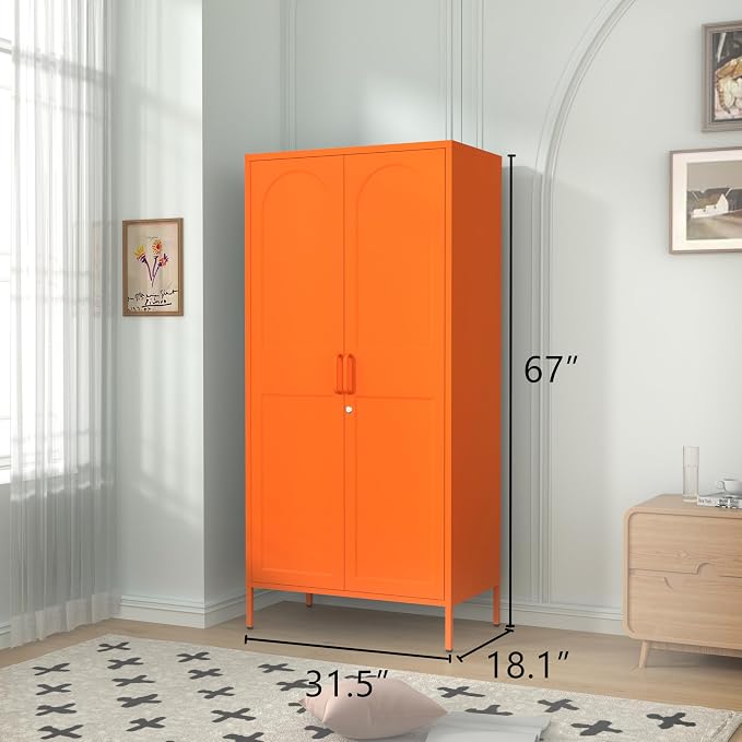 67" Industrial Lockable Metal 2-Door Wardrobe Storage Cabinet with Hanging Rod & Adjustable Shelves, Heavy Duty Multipurpose for Bedroom, Garage, Home Office, Orange 67" H X 31.5" W X 18.1" D