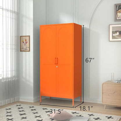 67" Industrial Lockable Metal 2-Door Wardrobe Storage Cabinet with Hanging Rod & Adjustable Shelves, Heavy Duty Multipurpose for Bedroom, Garage, Home Office, Orange 67" H X 31.5" W X 18.1" D