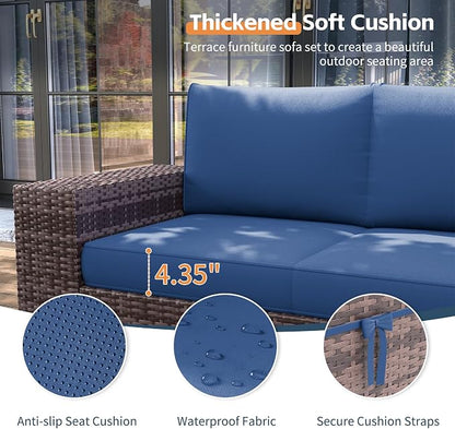 UDPATIO Patio Furniture Set with Fire Pit Table, 8 Inch Armrest 7 Piece Outdoor Sectional Sofas, All-Weather Wicker Conversation for Garden, Backyard, Brown/Navy Blue