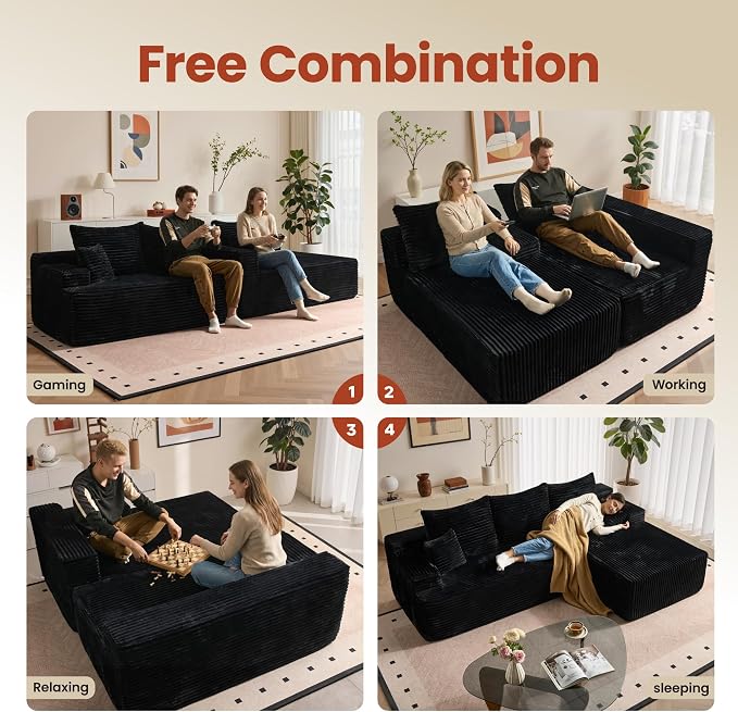 ovios 96" Cloud Sectional Couch with L-Shape Chaise,Modern Modular Sofa with Deep Seat, Upholstered Couches for Living Room Bedroom,No Assembly Required, Black (Plush Corduroy Fabric)