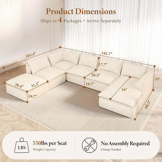 Vesgantti 141.7" Oversized Sectional Boneless Couch, Modern 7 Seater Modular Sofa with Chaise & Ottoman, Deep Seat Plush Corduroy Cloud Couches for Living Room, No Assembly Required, Beige