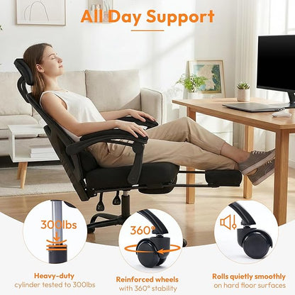 Desk Chair with Foot Rest, High-Back Mesh Office Chair with Wheels, Reclining Gaming Chair with Headrest and Adjustable Lumbar Support, 90°-130° Reclining, for Home Office and Gaming, Classic Black