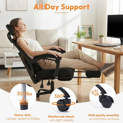 Desk Chair with Foot Rest, High-Back Mesh Office Chair with Wheels, Reclining Gaming Chair with Headrest and Adjustable Lumbar Support, 90°-130° Reclining, for Home Office and Gaming, Black