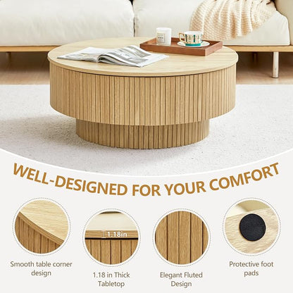 33" Round Coffee Table with Lift-Top & Flip-Top Storage, Modern Accent Fluted Coffee Tables with Metal Frame, Wooden Circle Center Table for Living Room Small Space Apartment Office (Natural)