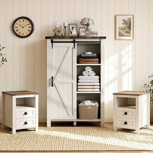 AMERLIFE 3-Piece Farmhouse Bedroom Furniture Set with Storage Cabinet and 2 Nightstands, Sliding Barn Door Wood Cabinet Set for Bedroom and Entryway, Distressed White