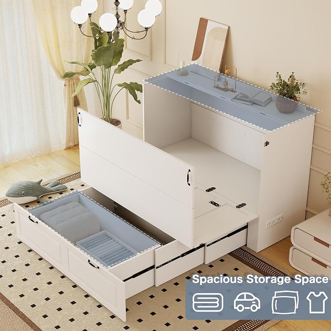 Full Murphy Bed Cabinet: White Cabinet Bed with Charging Station, Cube Murphy Beds with Drawers, Modern Hidden Beds for Small Spaces, Guest Room and Office