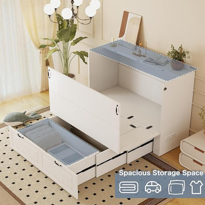 Full Murphy Bed Cabinet: White Cabinet Bed with Charging Station, Cube Murphy Beds with Drawers, Modern Hidden Beds for Small Spaces, Guest Room and Office