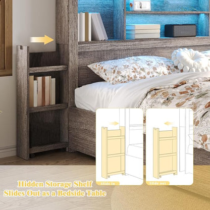LUXOAK King Bed Frame with 49.6" Bookcase Headboard & 2 Bedside Stoage Racks & 4 Drawers, Farmhouse Wood Bed Frame with RGB LED & Charging Station, No Box Spring Needed, Grey