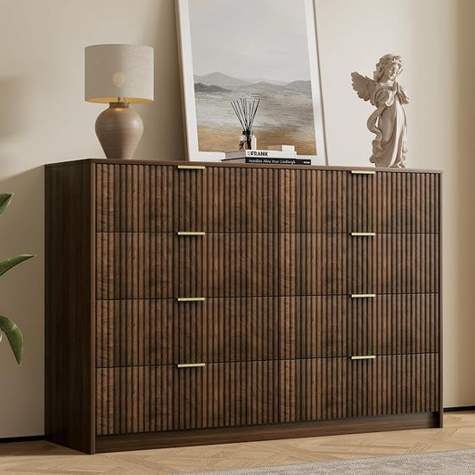 Furniway Walnut Dresser for Bedroom, Modern Dresser with 8 Drawers and Smooth Slides, Wide Chest of Drawers with Golden Handles for Bedroom, Closet, 15.7" D x 55" W x 37.4" H