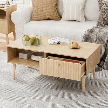 LCRBOL Coffee Table with Fluted Drawer, Modern, Oak | 39.3"W x 19.7"D x 17.1"H, 1 fluted drawer & open shelf, golden handle, 5 legs, ~45 min assembly