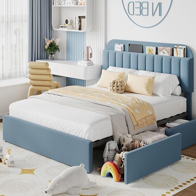 IDEALHOUSE Full Bed Frame with 2 Flexible Drawers and Bookcase Headboard, Boucle Upholstered Platform Bed for Boys, Noise-Free, Easy Assembly, No Box Spring Needed, Blue