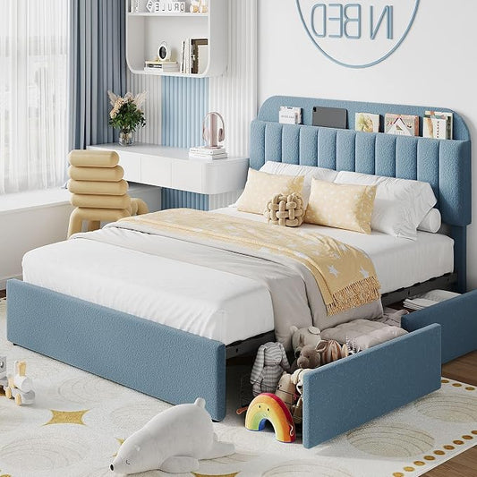 IDEALHOUSE Full Bed Frame with 2 Flexible Drawers and Bookcase Headboard, Boucle Upholstered Platform Bed for Boys, Noise-Free, Easy Assembly, No Box Spring Needed, Blue
