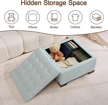 WUTUTUEE 30" Fabric Square Storage Ottoman with Wooden Tray, Modern Tufted Button Footstool Coffee Table, Upholstered Large Ottoman for Living Room, Bedroom, Blue